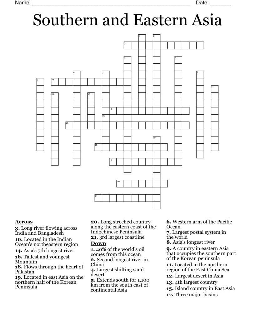 Southern and Eastern Asia  Crossword
