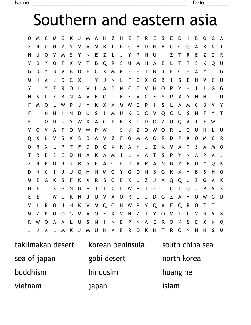 Southern and eastern asia  Word Search