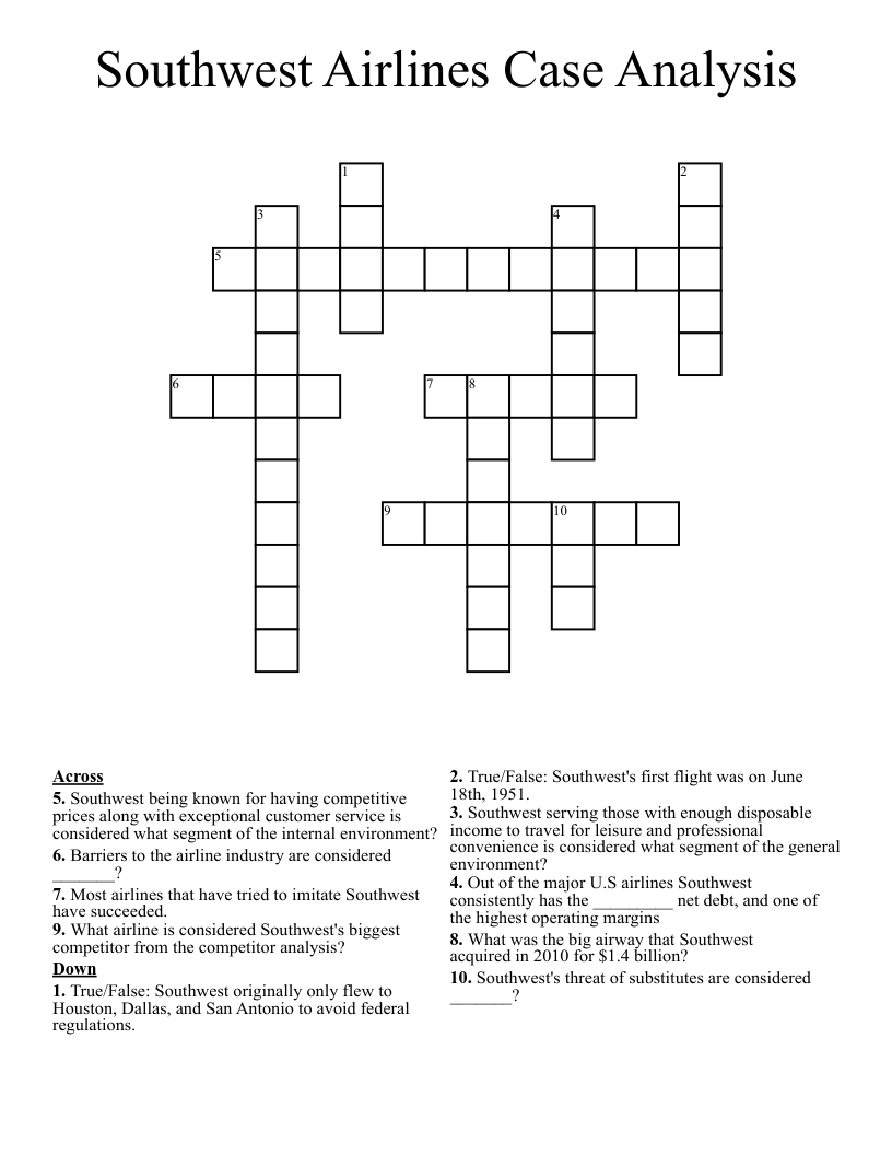 Southwest Airlines Case Analysis Crossword