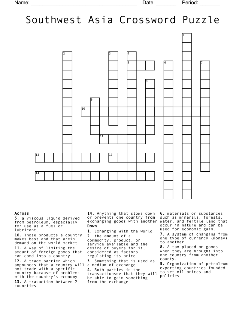 Southwest Asia Crossword Puzzle