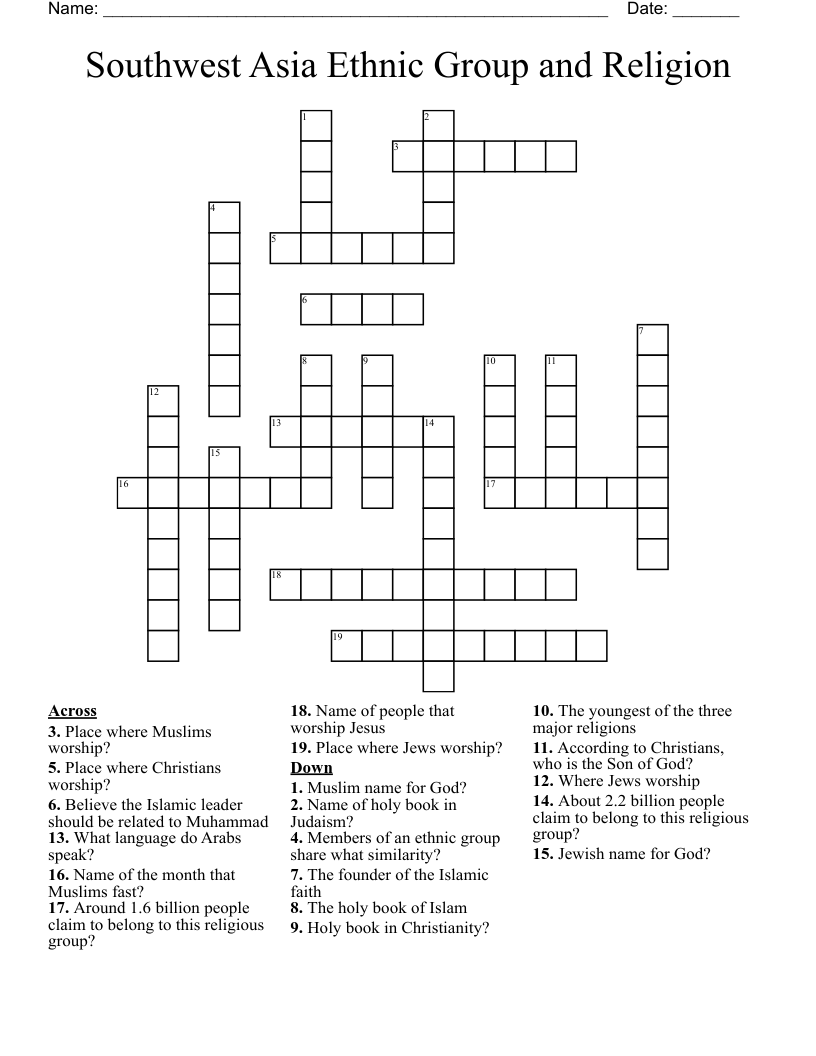 Southwest Asia Ethnic Group and Religion Crossword