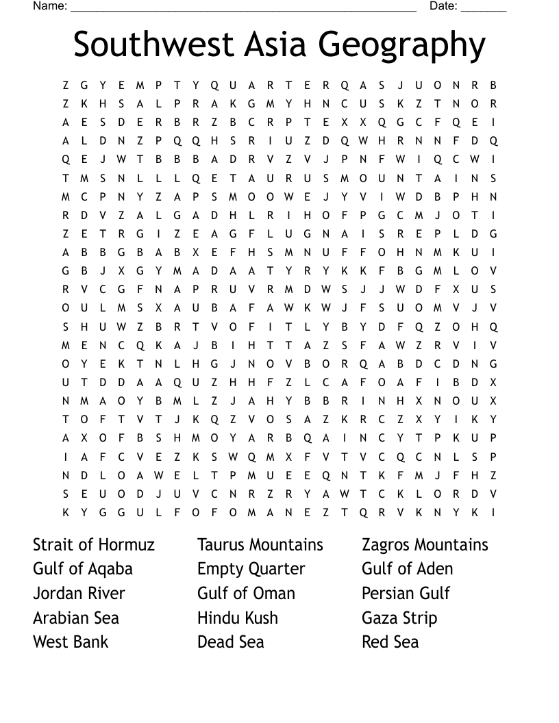 Southwest Asia Geography Word Search