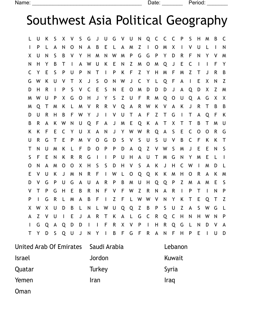 Southwest Asia Political Geography Word Search