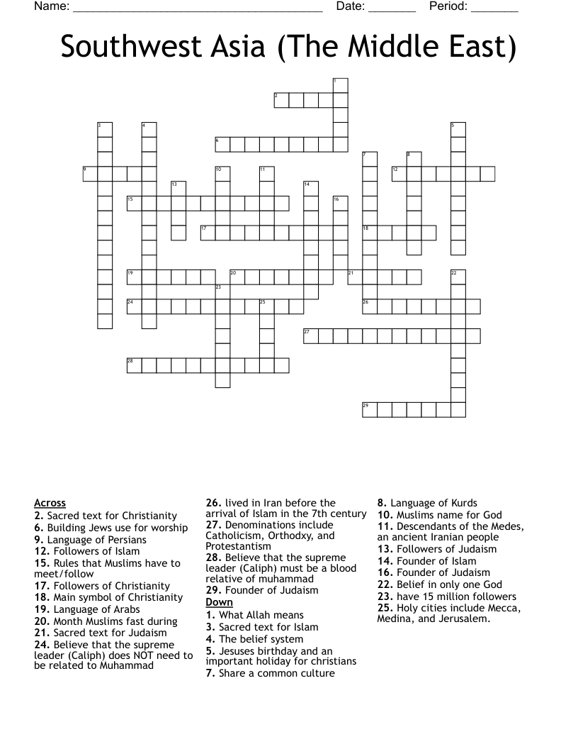 Southwest Asia (The Middle East) Crossword