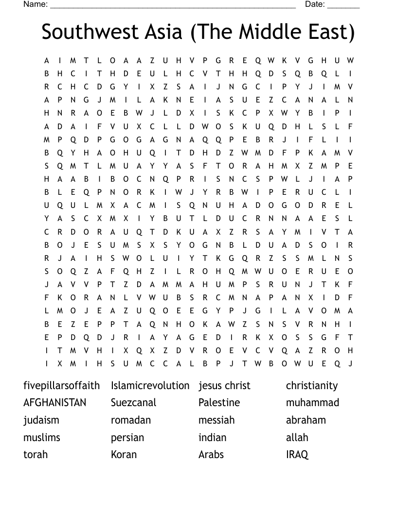 Southwest Asia (The Middle East) Word Search