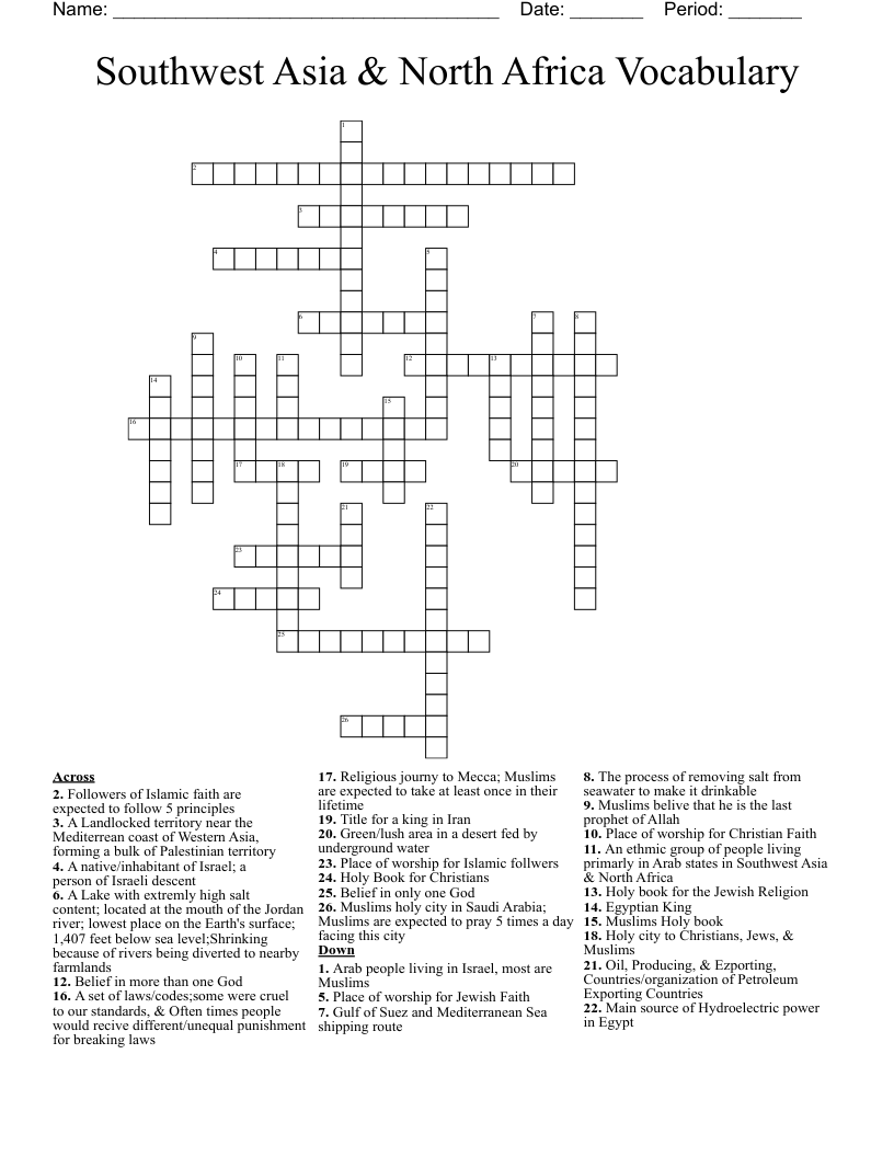Southwest Asia & North Africa Vocabulary Crossword