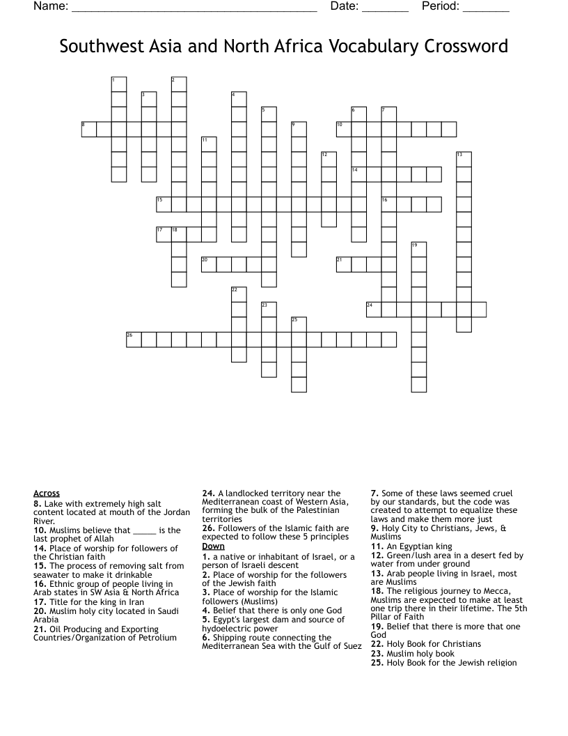 Southwest Asia and North Africa Vocabulary Crossword
