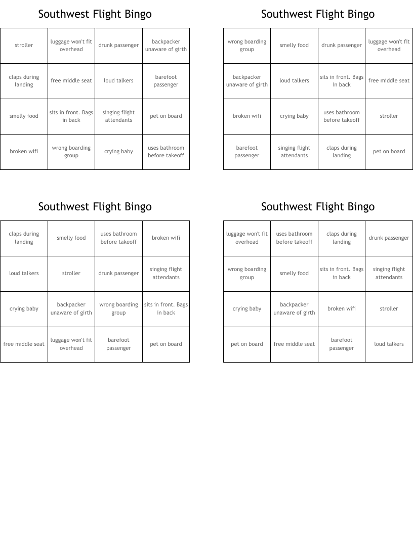Southwest Flight Bingo