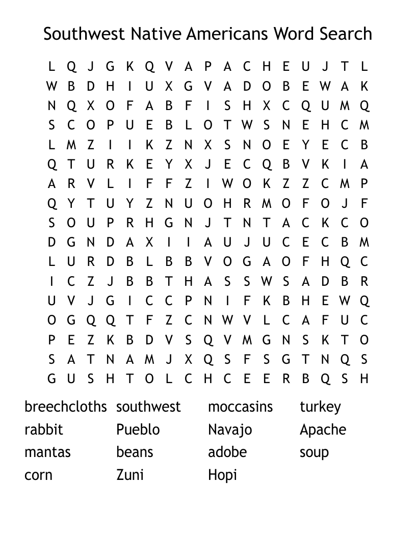 Southwest Native Americans Word Search