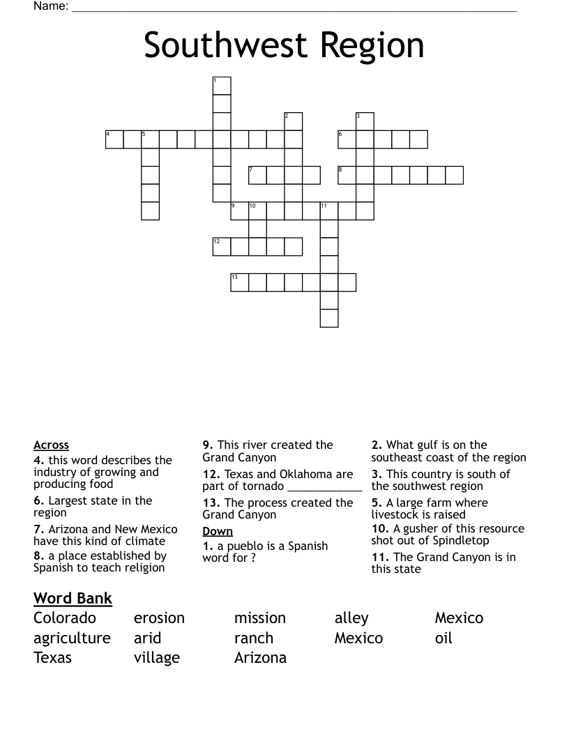 Southwest Region Crossword