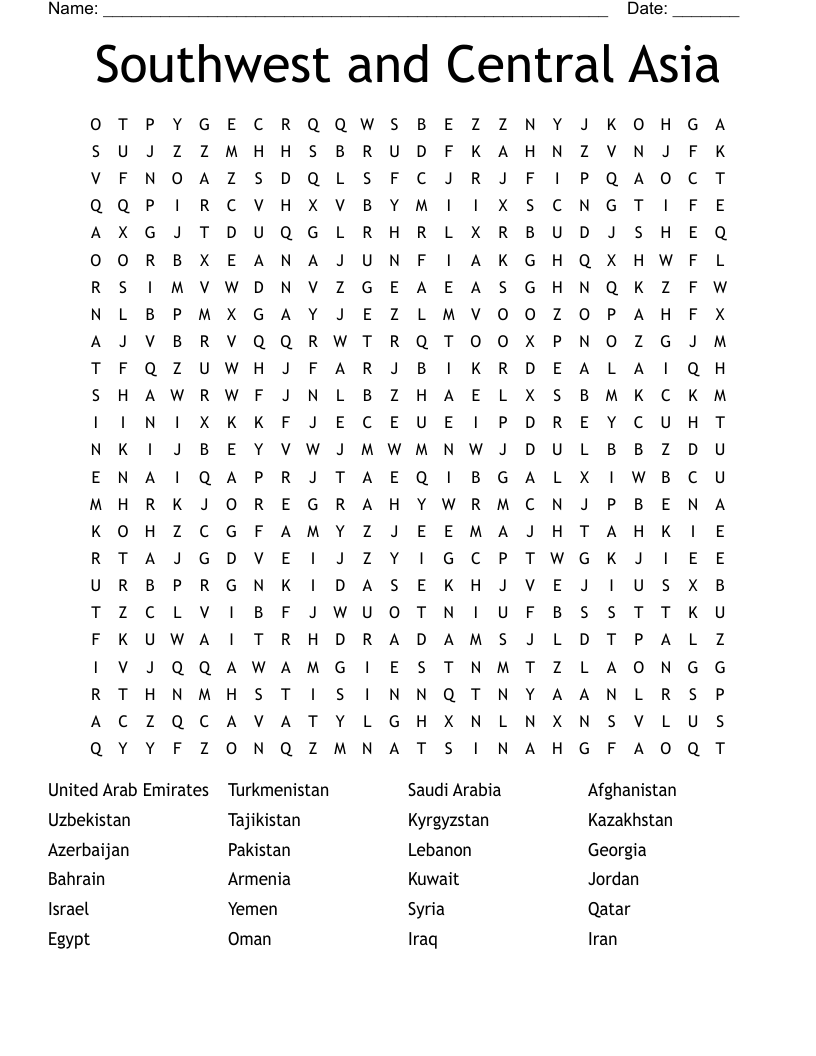 Southwest and Central Asia Word Search