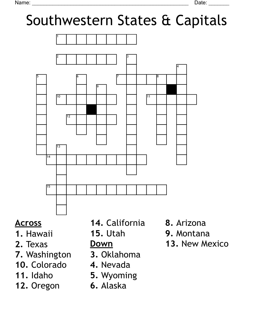 Southwestern States & Capitals Crossword