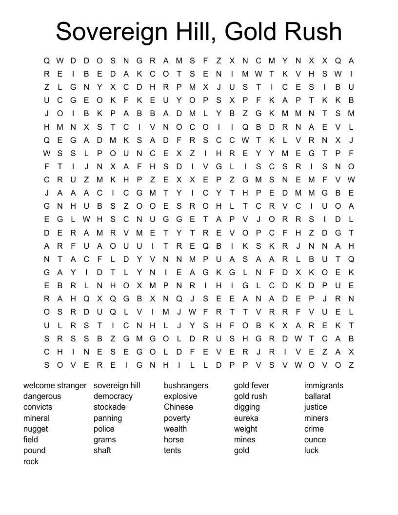 Sovereign Hill, Gold Rush Word Search