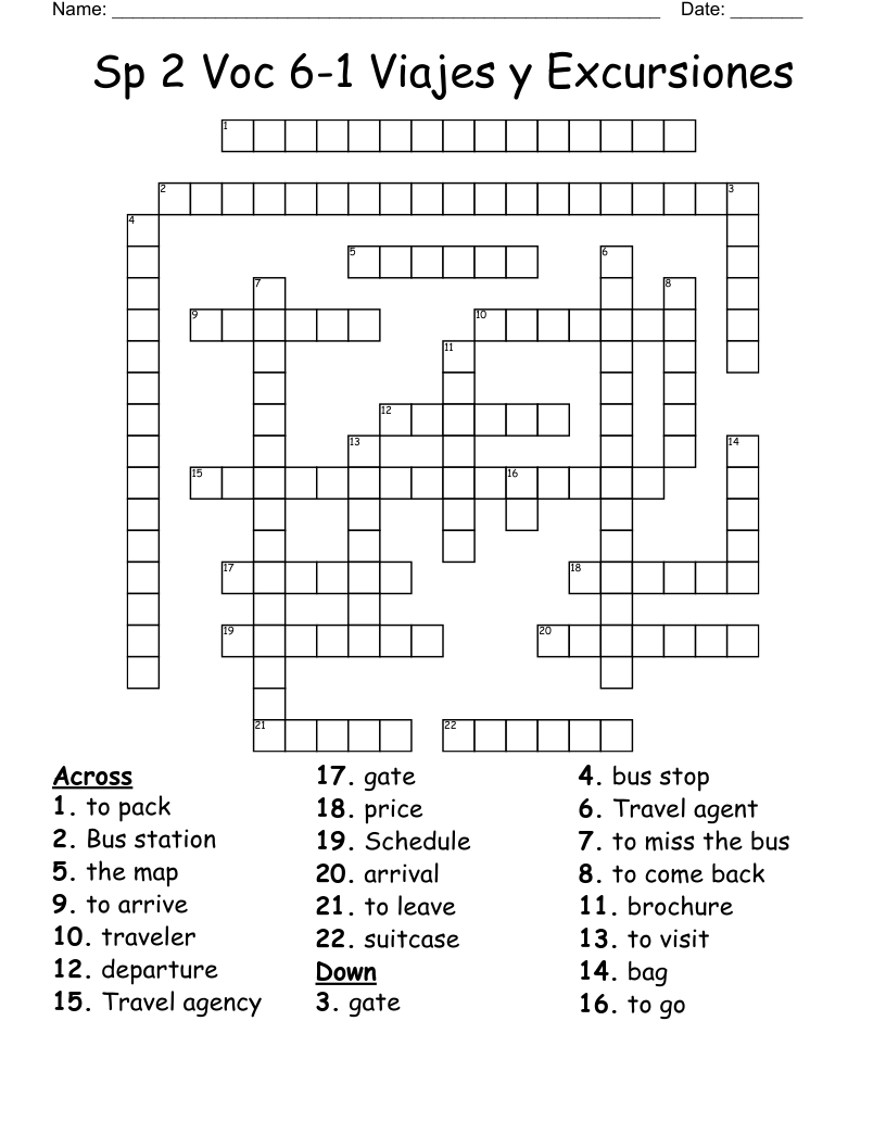 Sp 2 Voc 6-1 Viajes y Excursiones Crossword