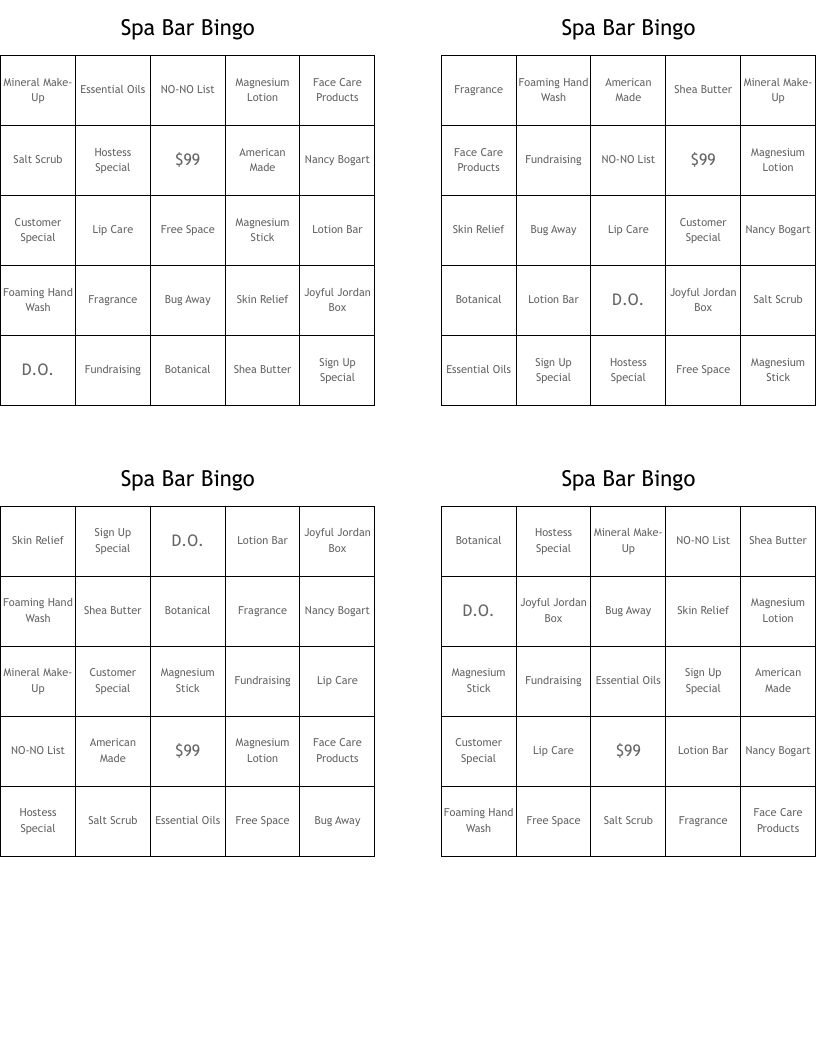 Spa Bar Bingo