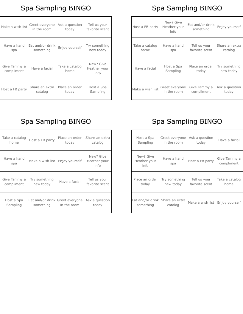 Spa Sampling BINGO