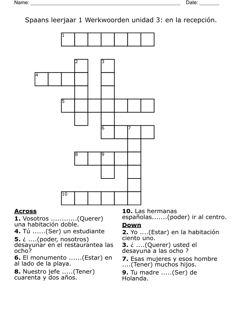 Spaans leerjaar 1 Werkwoorden unidad 3: en la recepción. Crossword