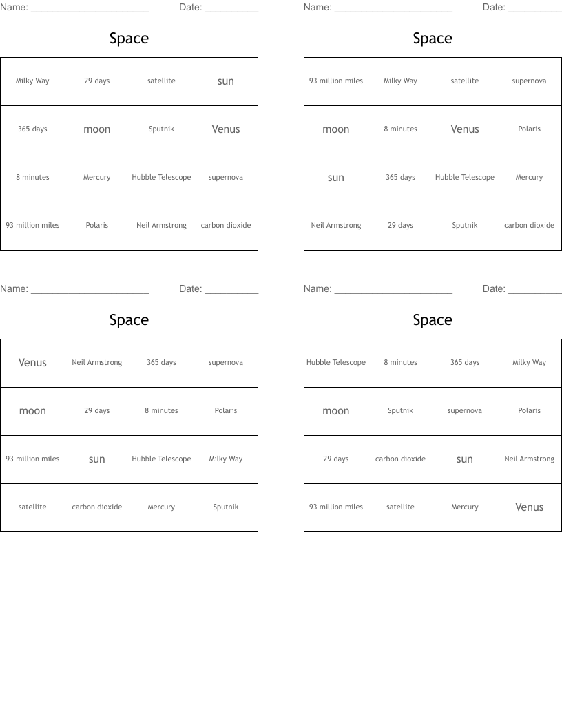 Space Bingo Cards