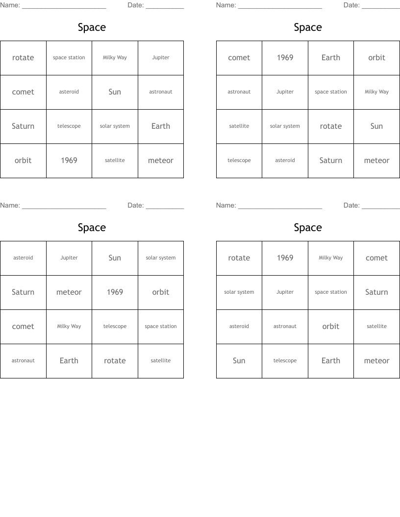 Space Bingo Cards