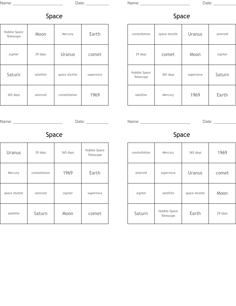 Space Bingo Cards