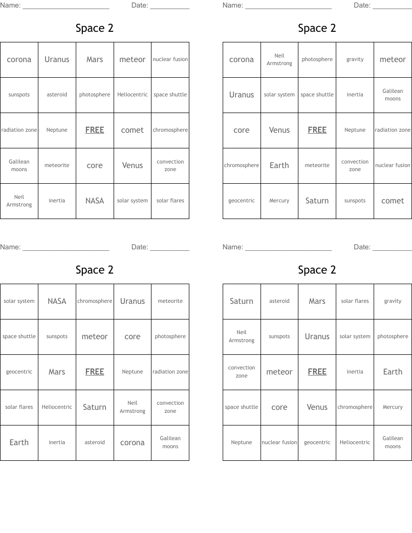 Space 2 Bingo Cards