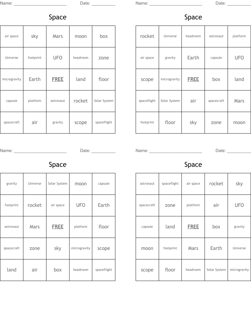 Space Bingo Cards