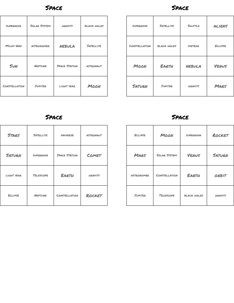 Space Bingo Cards