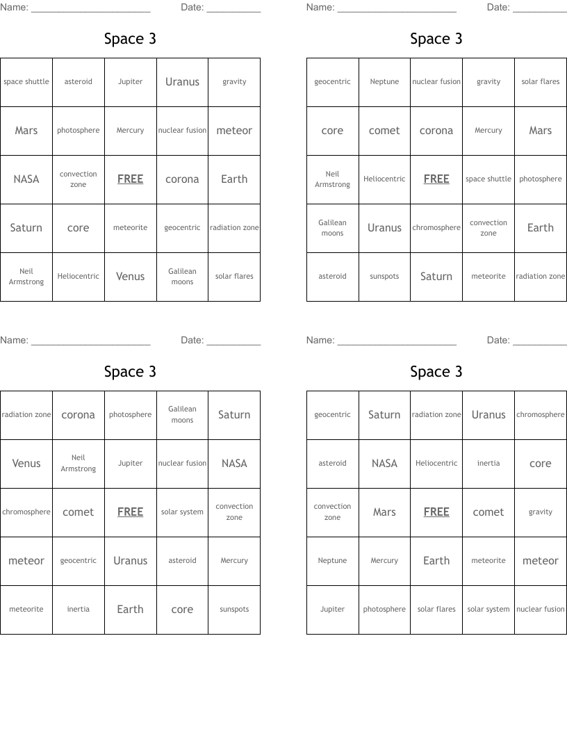 Space 3 Bingo Cards