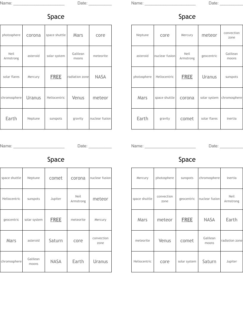 Space Bingo Cards