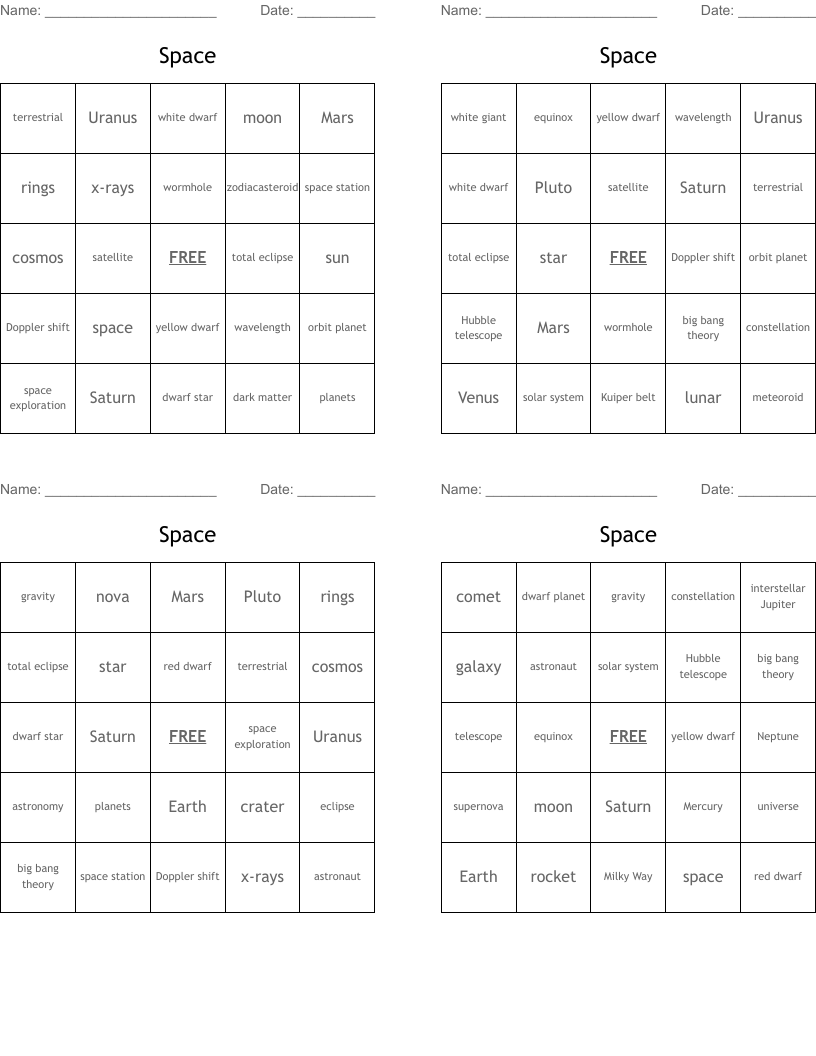 Space Bingo Cards