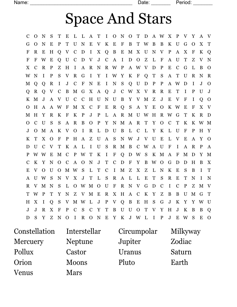 Space And Stars Word Search