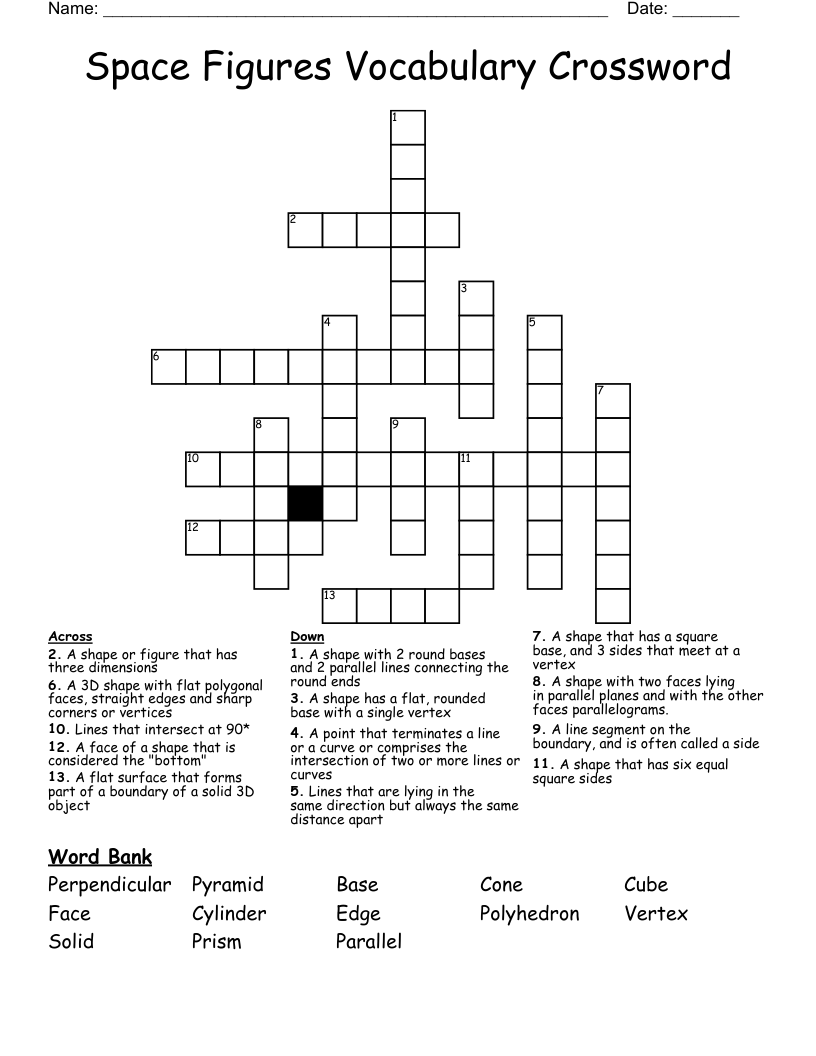 Space Figures Vocabulary Crossword