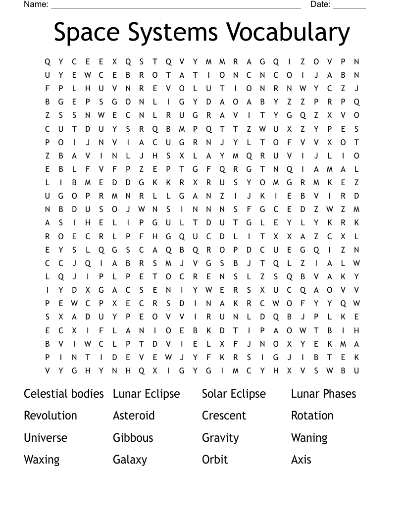 Space Systems Vocabulary Word Search