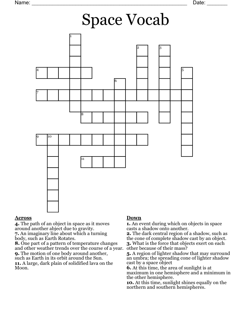 Space Vocab  Crossword