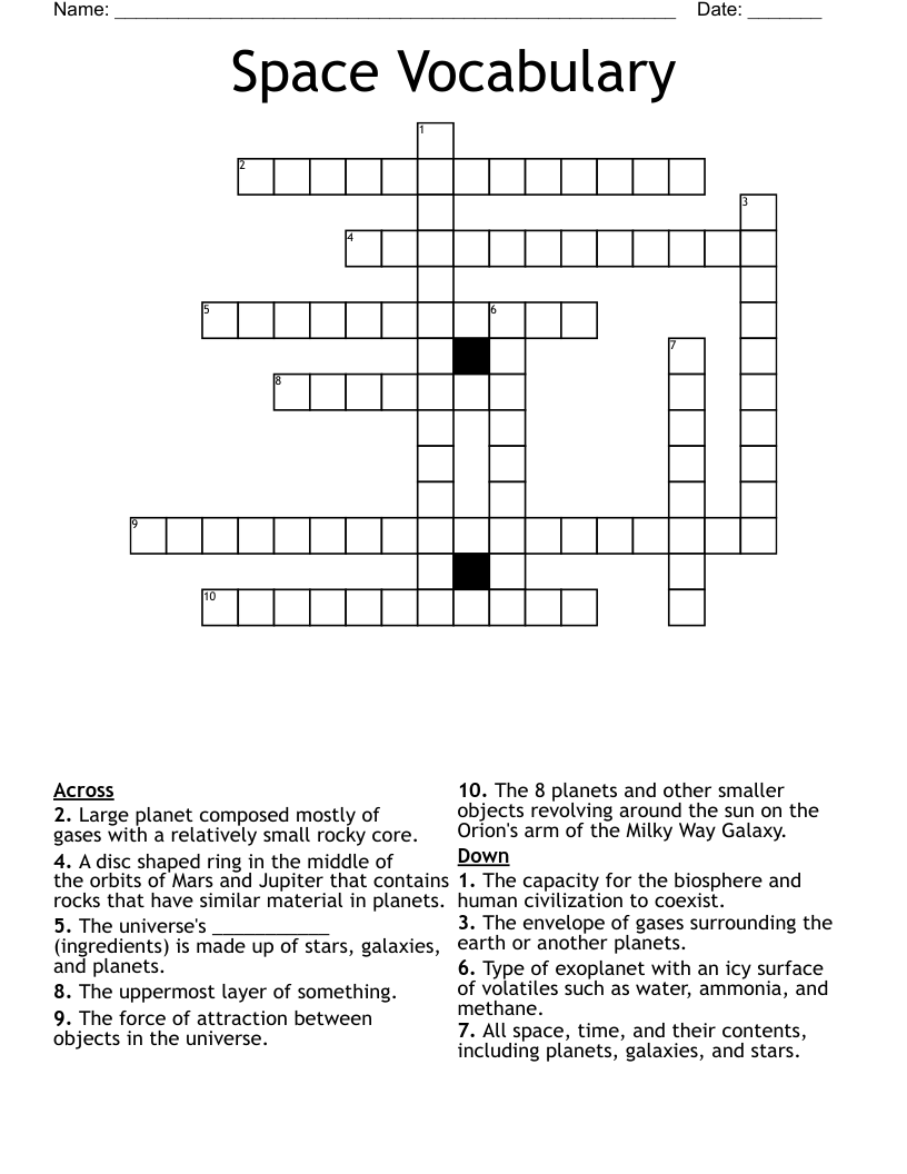 Space Vocabulary Crossword
