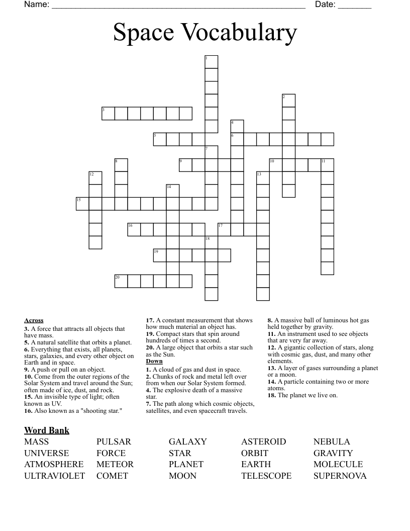 Space Vocabulary Crossword