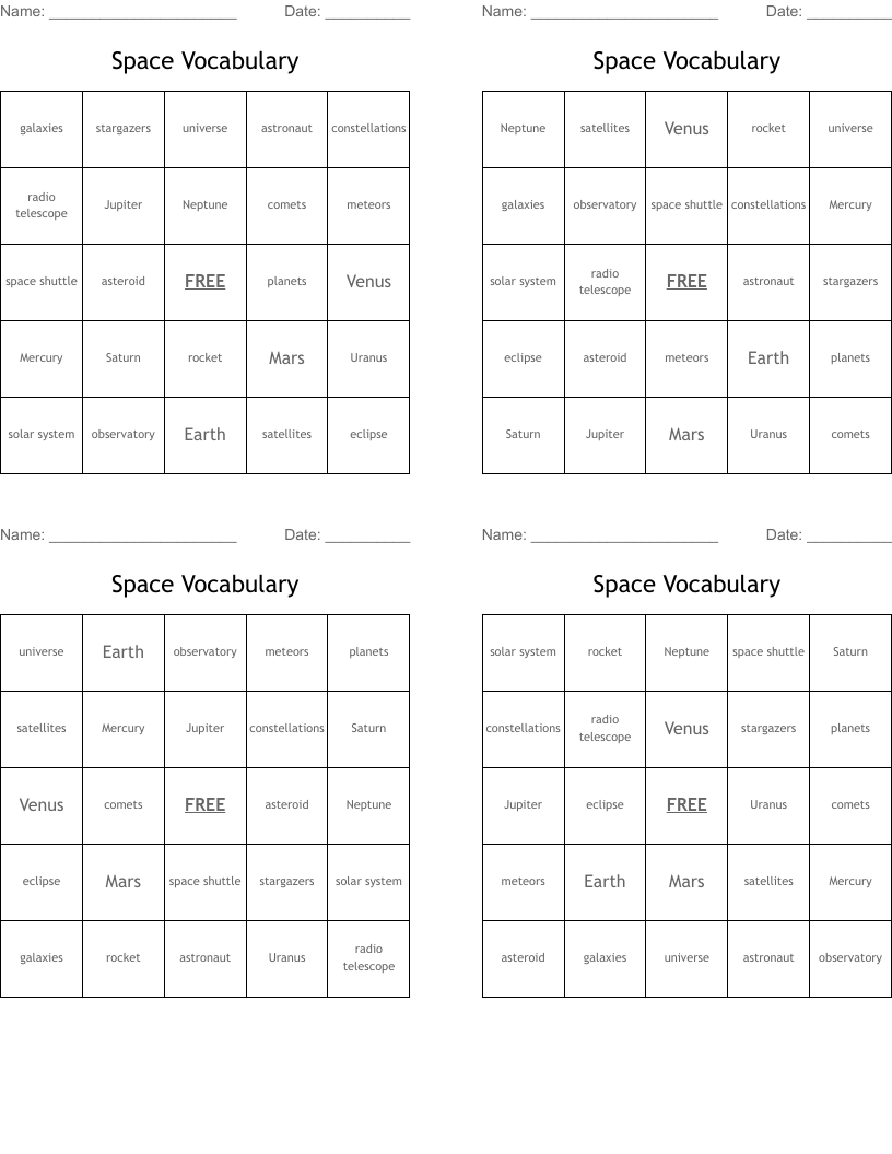 Space Vocabulary  Bingo Cards