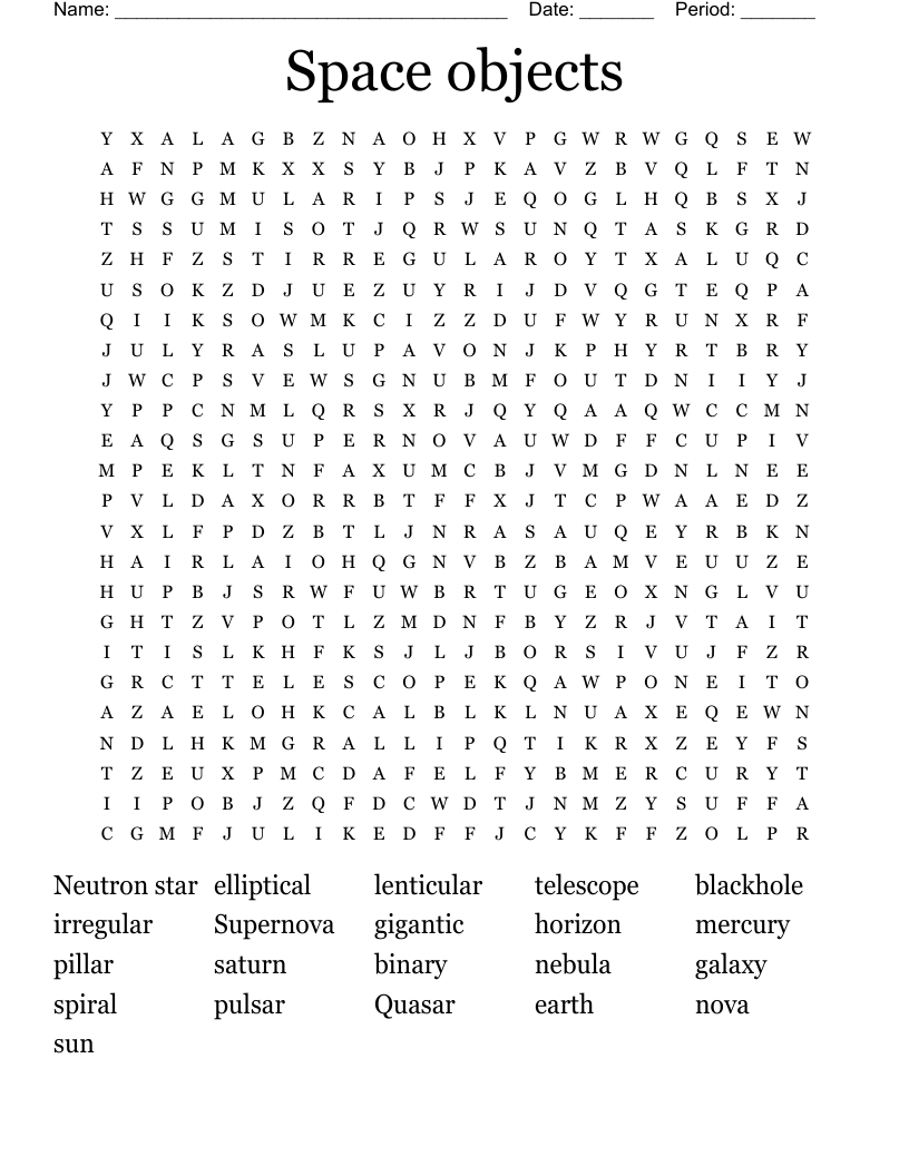 Space objects Word Search