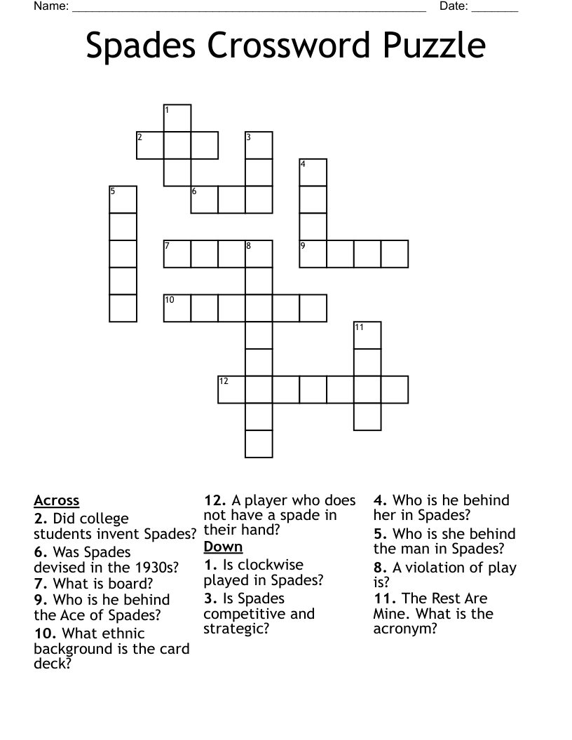 Spades Crossword Puzzle