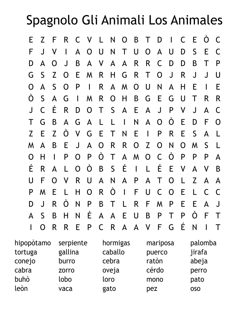 Spagnolo Gli Animali Los Animales Word Search