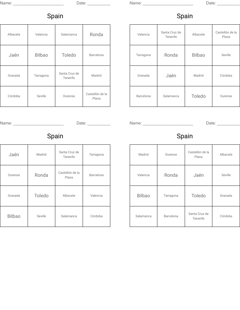Spain Bingo Cards