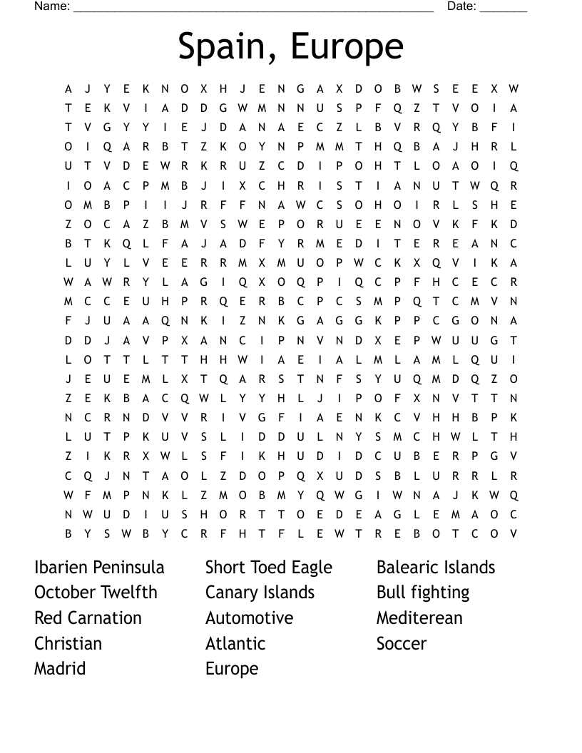 Spain, Europe Word Search