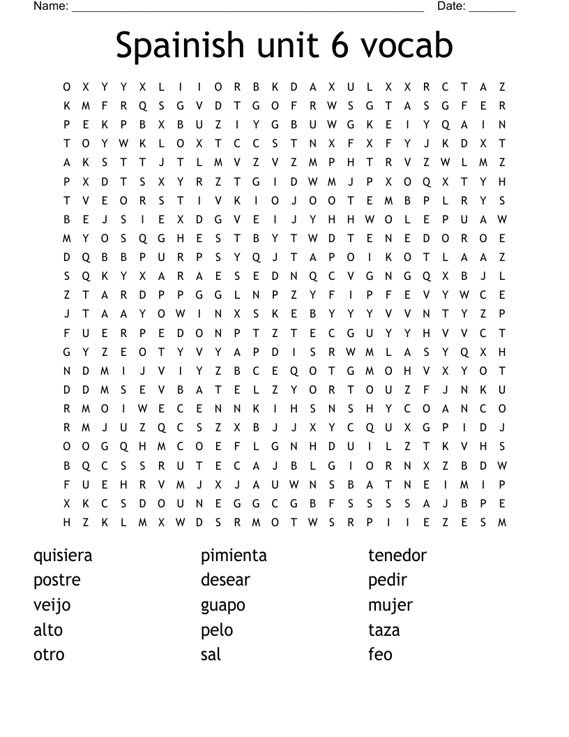 Spainish unit 6 vocab  Word Search