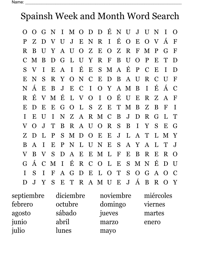 Spainsh Week and Month Word Search