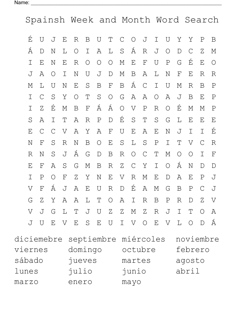 Spainsh Week and Month Word Search