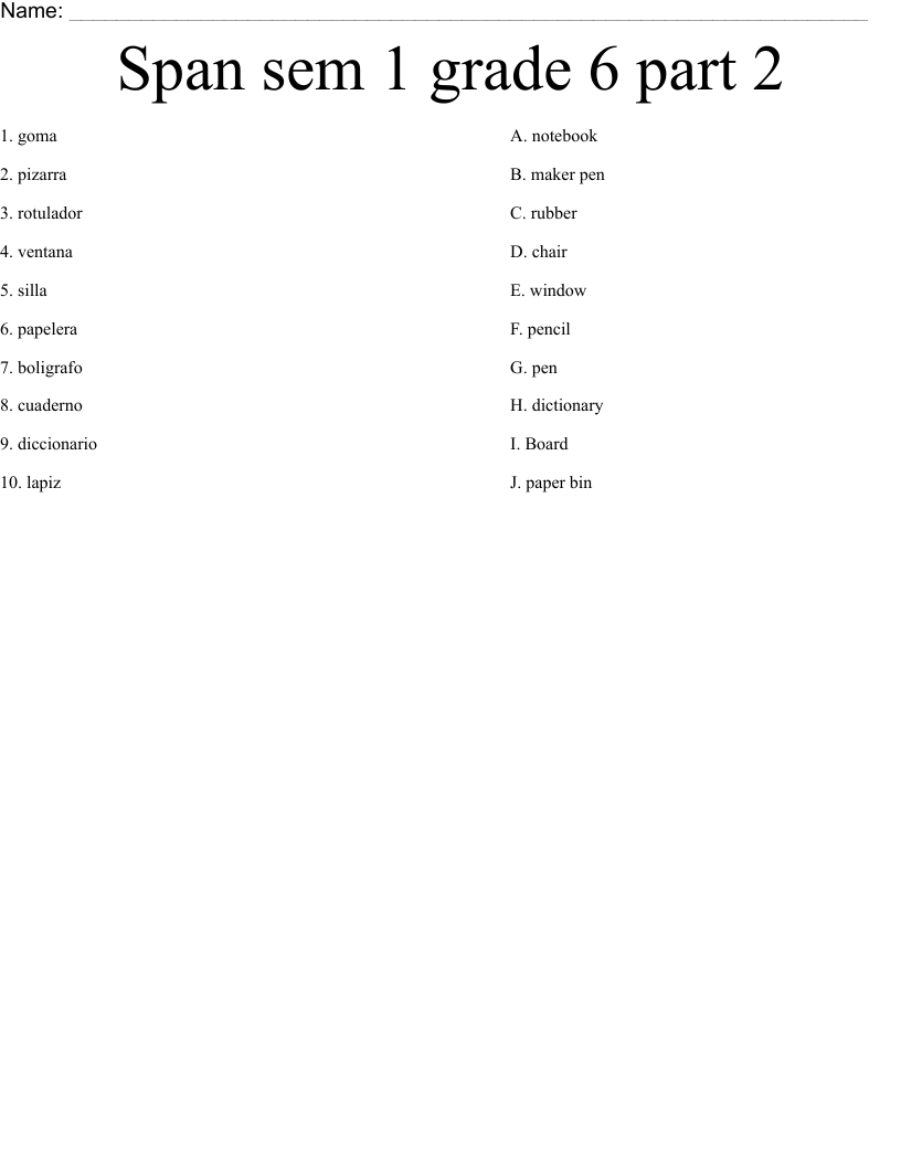 Span sem 1 grade 6 part 2 Worksheet