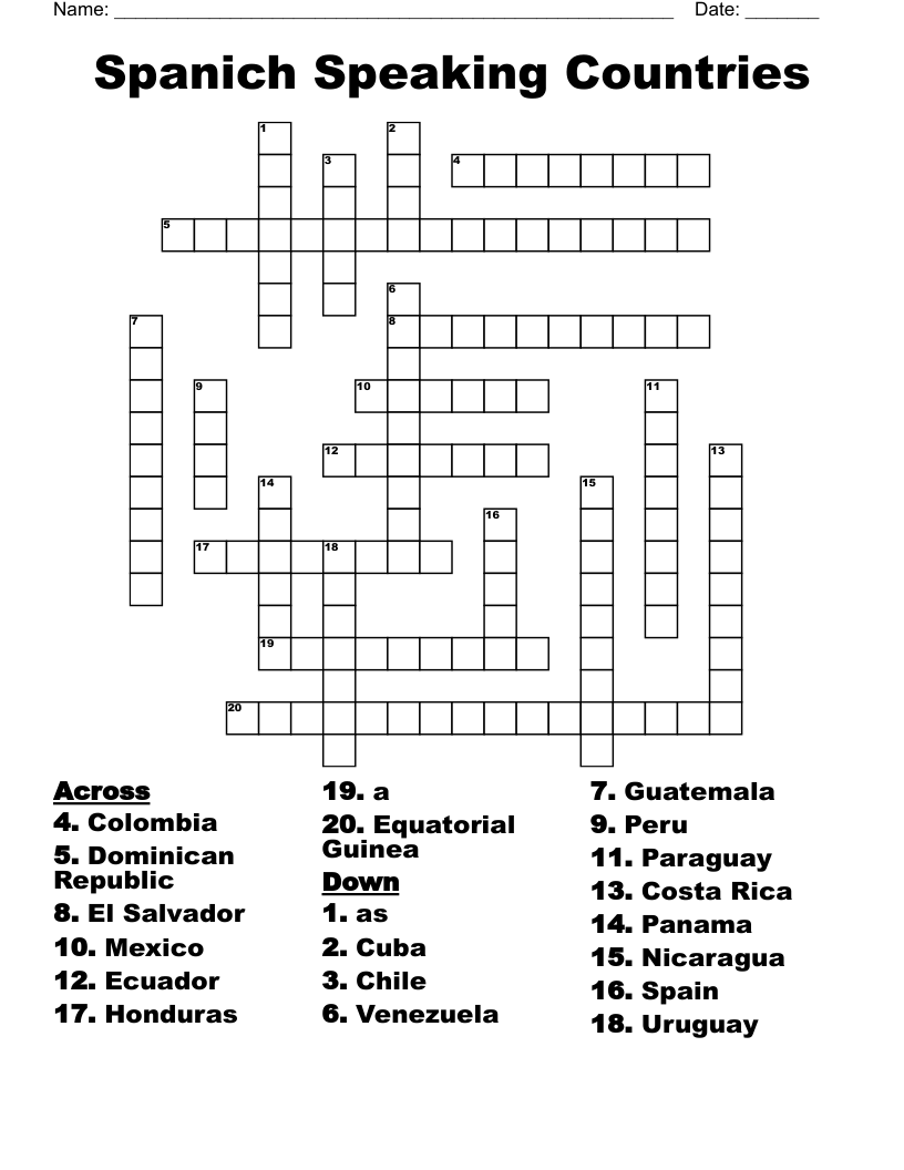 Spanich Speaking Countries Crossword