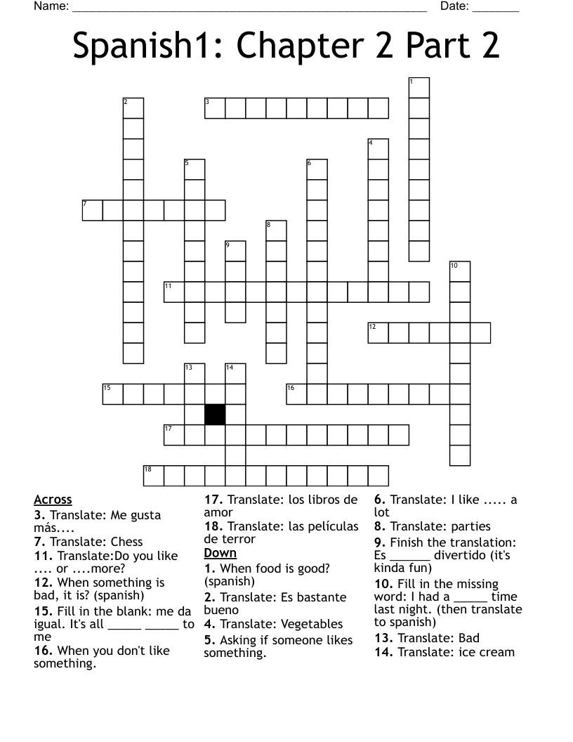 Spanish1: Chapter 2 Part 2 Crossword