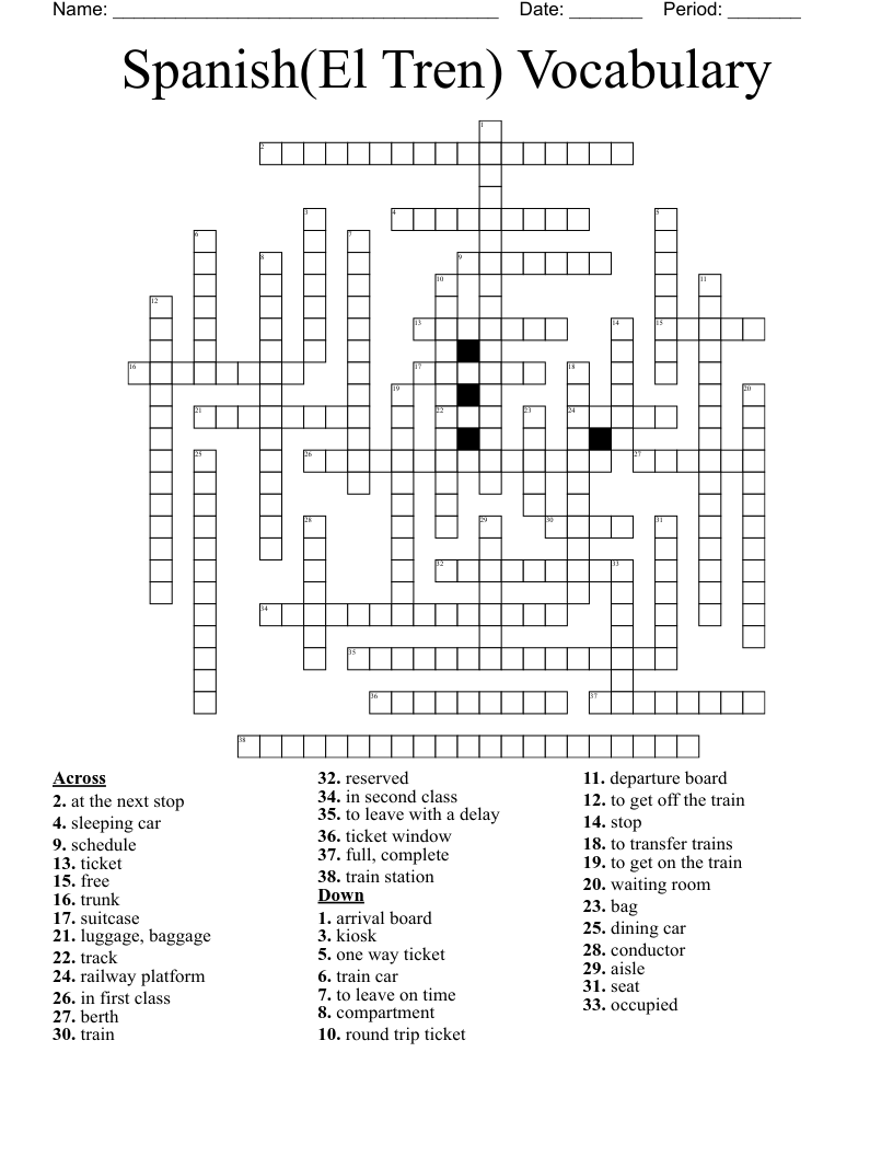 Spanish(El Tren) Vocabulary Crossword