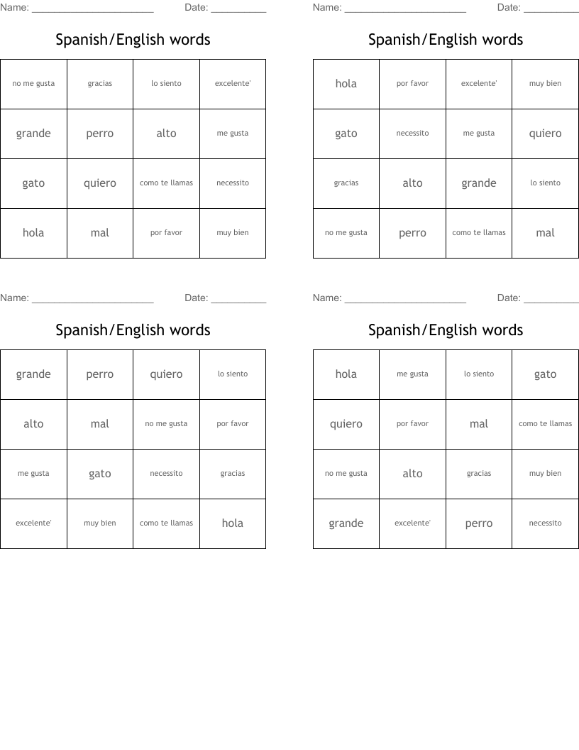 Spanish/English words Bingo Cards